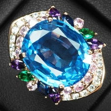 TIMELESS DESIGN RINGS BLUE TOPAZ 14.96CT 925 STERLING SILVER ROSE GOLD SIZE 6.25