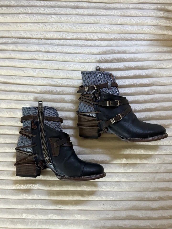 Freebird by Steven Crue 女式皮革短靴蓝色,10 码,踝拉链 — 第 2/4 张图片