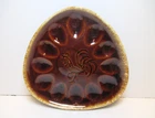 Vtg Hull Pottery Deviled Egg Plate Brown Drip Glaze Rooster Design