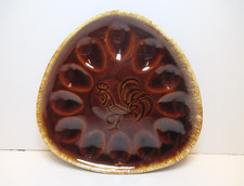 Vtg Hull Pottery Deviled Egg Plate Brown Drip Glaze Rooster Design