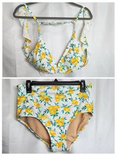 J. Crew Matching 2 Piece Swim Set Bikini  Floral Ruffle Shoulder & High Waisted