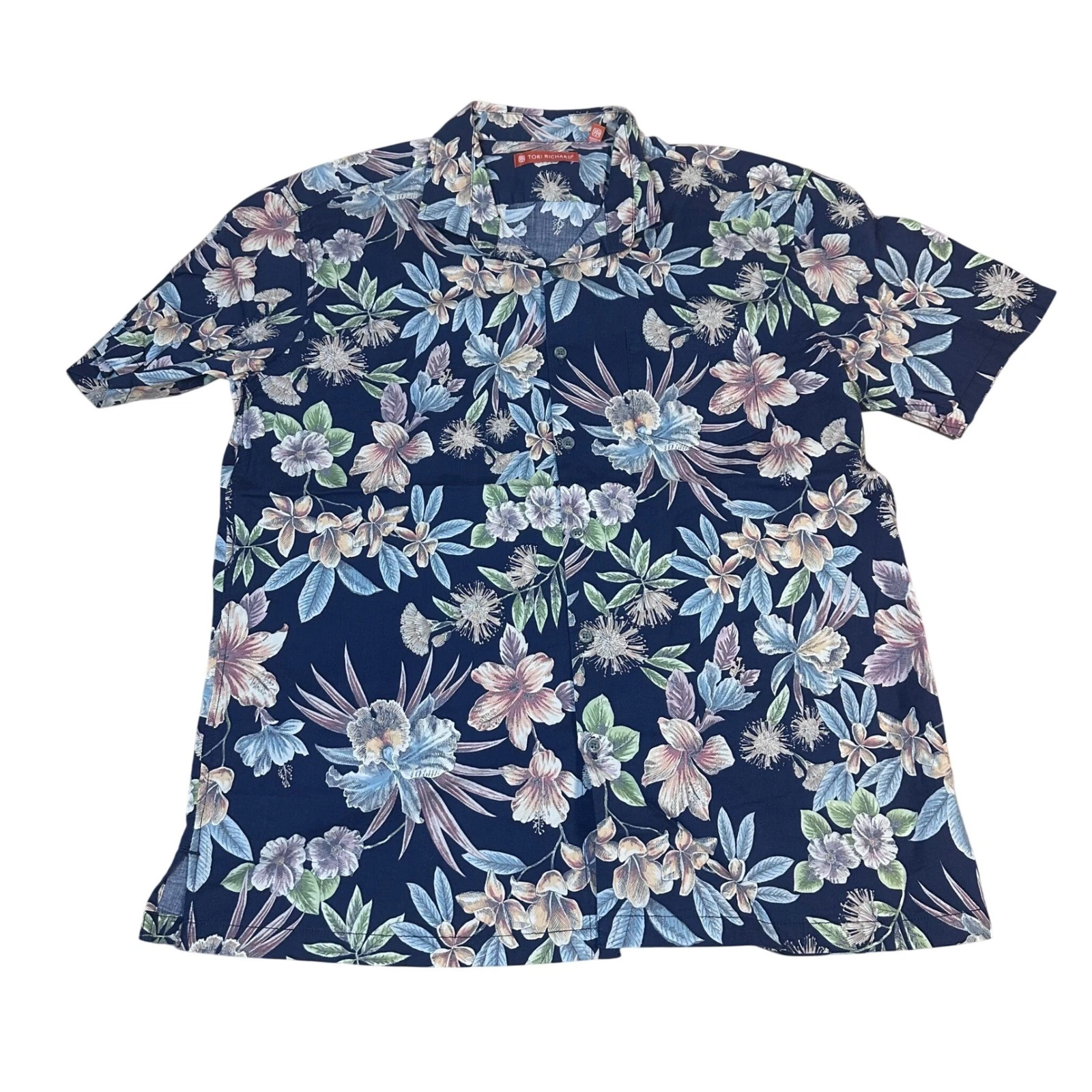 Tori Richard Mens Floral Orchid Aloha Shirt Navy Blue Short Sleeve Large L