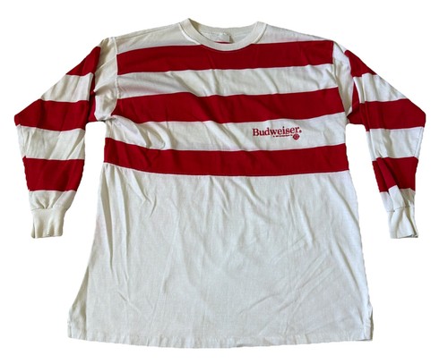 VTG 1988 Budweiser Red White Striped Rugby DBL Sided Long Sleeve Shirt Men 2XL