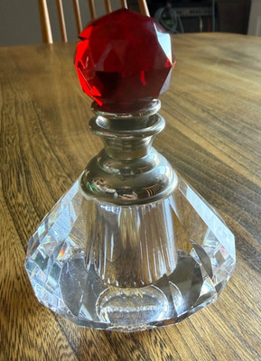 Deko Kristall Parfum Flakon groß schwer facettiert geschliffen Bleikristall Dauber gold rot
