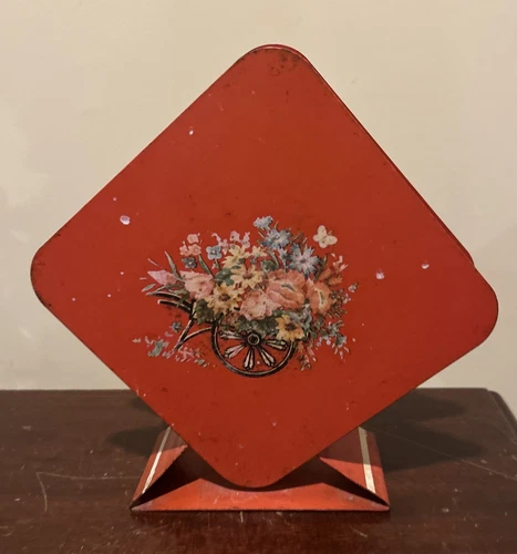 Vintage 1940s Flowers in Wheel Barrow Decal Red Metal Napkin Holder