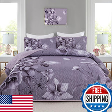 Floral Queen Quilt Set, 3pc Dark Purple Boho Flower Coverlet, Soft Microfiber