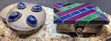 Lovely Lot Of 2 Taxco Handmade Sterling Lapis & Multi Gem Inlay Pill Containers