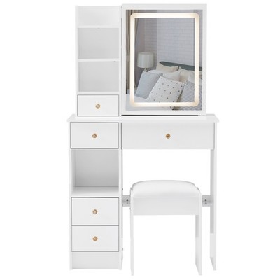 Dressing table + soft cushion stool - white, touch LED mirror, three colors