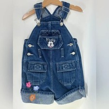 VTG Disney 2000 Mickey  Co Denim Shortalls Girls 5 Flowers Pockets