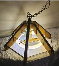 Vintage Swag Lamp - Hexagon Wood, Tinted Smokey Glass Slats, Metal Chain 12 Ft. 