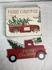 Red Truck Christmas Decor Shelf Sitter Wall Hanger Set