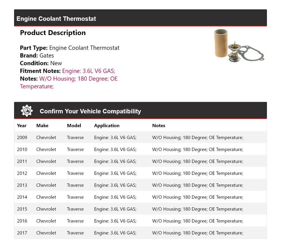 Para Chevrolet Traverse 2009-2017 3,6 L V6 motor gas refrigerante termostato puertas Foto 2 de 4