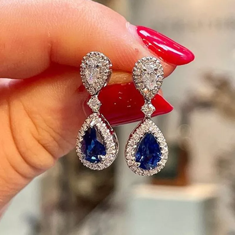 Elegant Blue Cubic Zirconia Women Jewelry 925 Silver Filled Drop