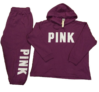 New Victoria s Secret PINK Hoodie Pull Over &Joggers XXL 2pc Fleece Set Logo