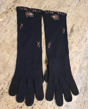 Vintage Size XL Black Knit Formal Stretch 14"Gloves Embroidered Colorful Flowers