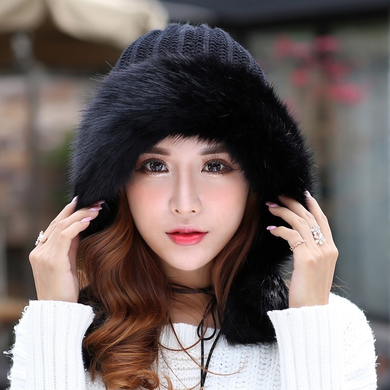 Women Faux Fur Trapper Hat Knitted Beanie Winter Ski Cossack