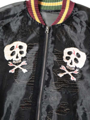 KAPITAL シースルー シルク スカル刺繍 サンプロテクト ジップジャケット Kapital Sheer Pearl Souvenir Jacket, Black Rain Skull – Glasswing