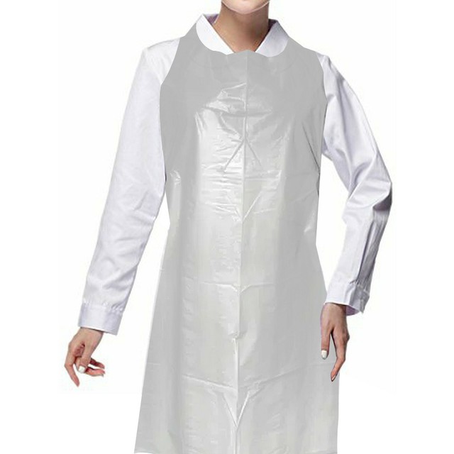 100 x White Disposable Apron Waterproof Polythene Plastic Flat Pack