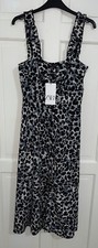 ZARA BLACK GREY ANIMAL PRINT WIDE RUFFLED STRAPS GATHERED MIDI DRESS SIZE L BNWT
