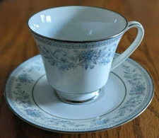 Noritake Blue Hill Footed Cup and Saucer Set - #2482 Blue Floral w/Platinum Trim