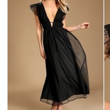 Lulus Yours Evermore Black Swiss Dot Ruffled Midi Dress Size Medium