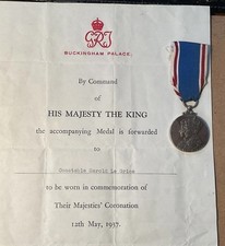 Coronation Medal  1937.  +  Original Ceterficate   CONSTABLE- LE GRICE.    C311x