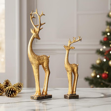 Resin Christmas Table Decor: 2pcs Golden Christmas Reindeer Figurines Set, Luxur