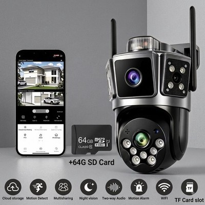Dual Lens 3-Scene WiFi Security Camera PTZ Outdoor 360° +64GB SD Card Included.