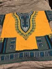 African Dashiki Tunic Shirt Yellow Teal Print Unisex One Size