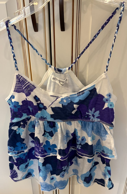 Vintage~Aeropostale Women’s Floral Ruffle TankTop Sz Small~White/Blue/Purple~New