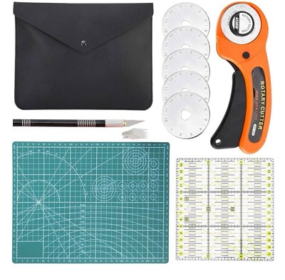 Rotary Cutter Kit 45Mm W/ 5 Extra Blades Cutting Mat Ruler Knife Pouch Craft DIY