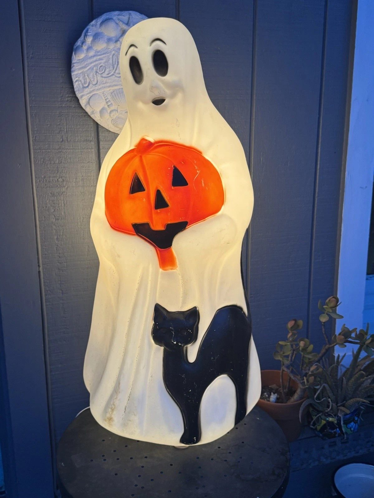 Vintage Empire Halloween Lighted Blow Mold Ghost Pumpkin Black Cat 34" #024611