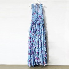 Women's Halter Sleeveless V Neck Ruffles Falbala Layered Long Dress Irregular Sz