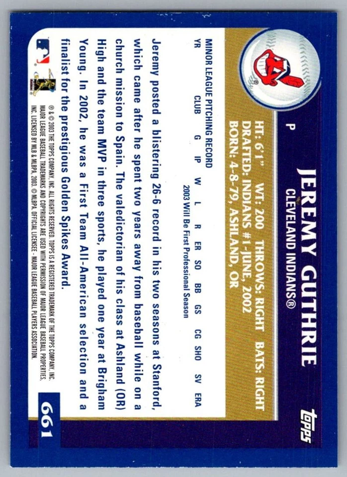 2003 Topps Jeremy Guthrie Rookie Cleveland Indians #661 - Image 2 of 2