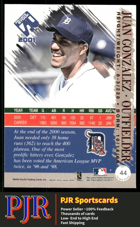 Juan Gonzalez 2001 Pacific Private Stock #44 Detroit Tigers Silver (Retail) - Image 2 of 2