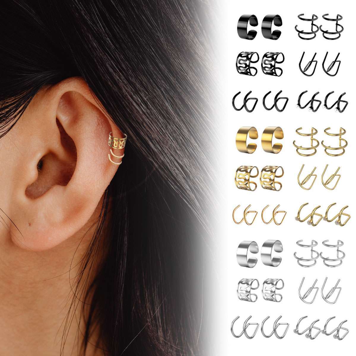 12Pcs Men Women Ear Cuff Helix Cartilage Clip On Wrap Earrings Non 