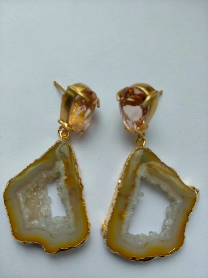 Druzy Slice Earring,Hydro Quartz Earring,Geode Fashion Jewelry,Gold Edge Earring - Image 3 of 4