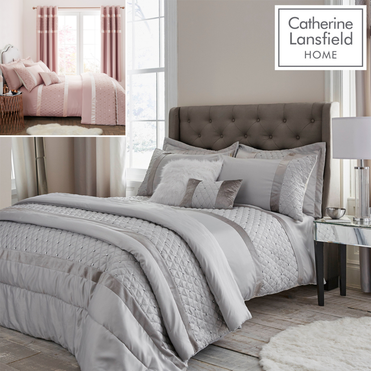 Catherine Lansfield Sequin Cluster Duvet Cover Set Silver or Blush Pink
