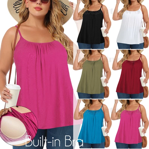 Women Built-in Bra Boho Floral Loose Summer Camisole Tee Shirt Loose Fit Tank - Picture 1 of 42