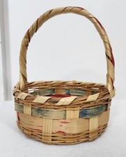 Vintage 1950s/60's Small Bamboo Wicker Pink Green Splints Easter Basket Mexico