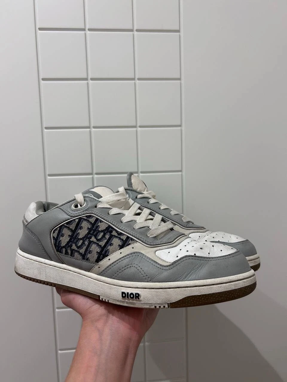 DIOR B27 Sneakers Low Cut Smooth Calfskin Beige Blue Oblique RRP UK 9