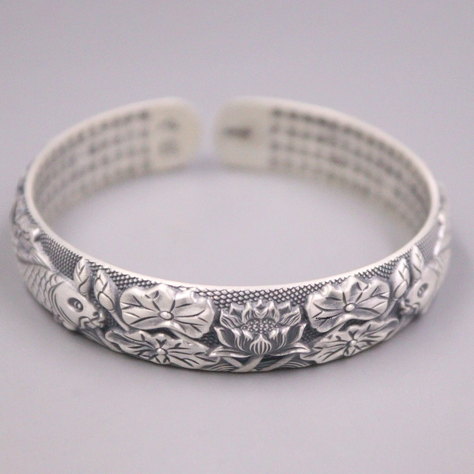 Pure 999 Fine Silver Bangle Women Fish Lotus Flower Sutra Cuff Bracelet 50.1g - Image 2 of 4