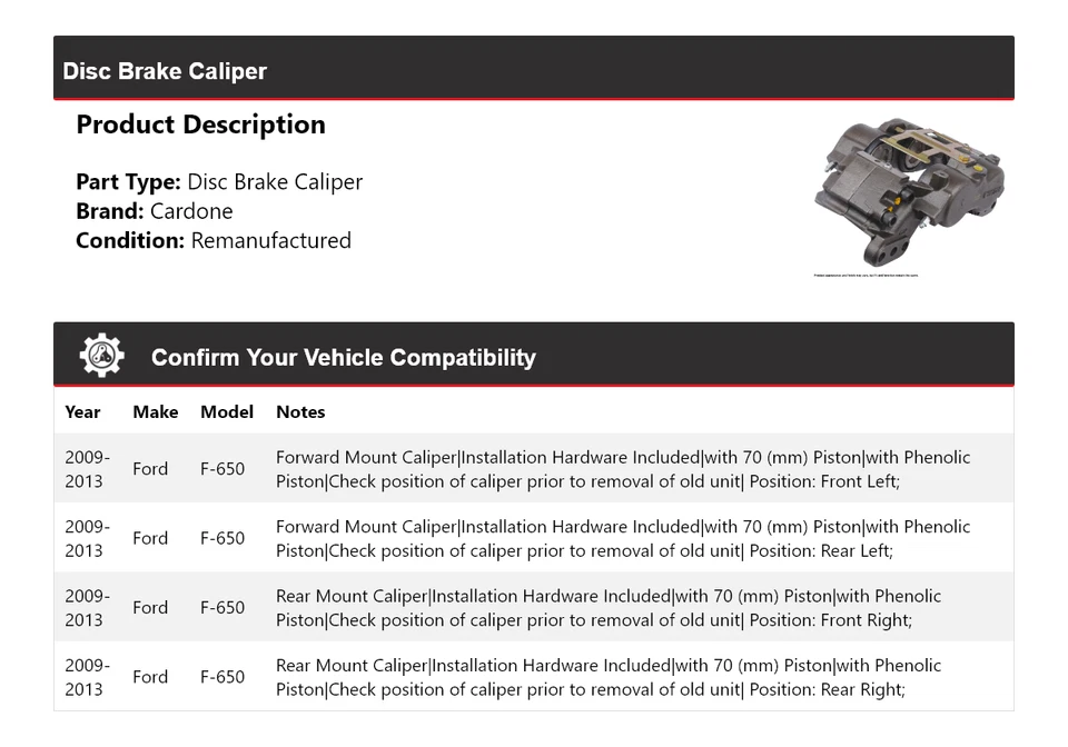 Pinza de freno de disco Cardone para Ford F-650 2009-2013 2010 2011 2012 Foto 2 de 4