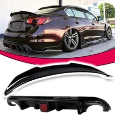 Rear Bumper Diffuser LED + PSM Style Trunk Spoiler For 14-17 Infiniti Q50 Carbon