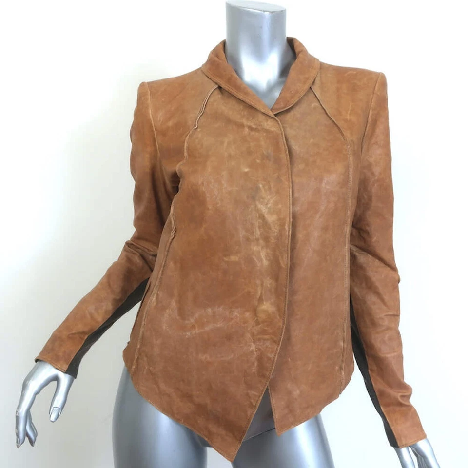 Helmut Lang Distressed Leather Button-Front Jacket Brown Size Small - Image 2 of 4