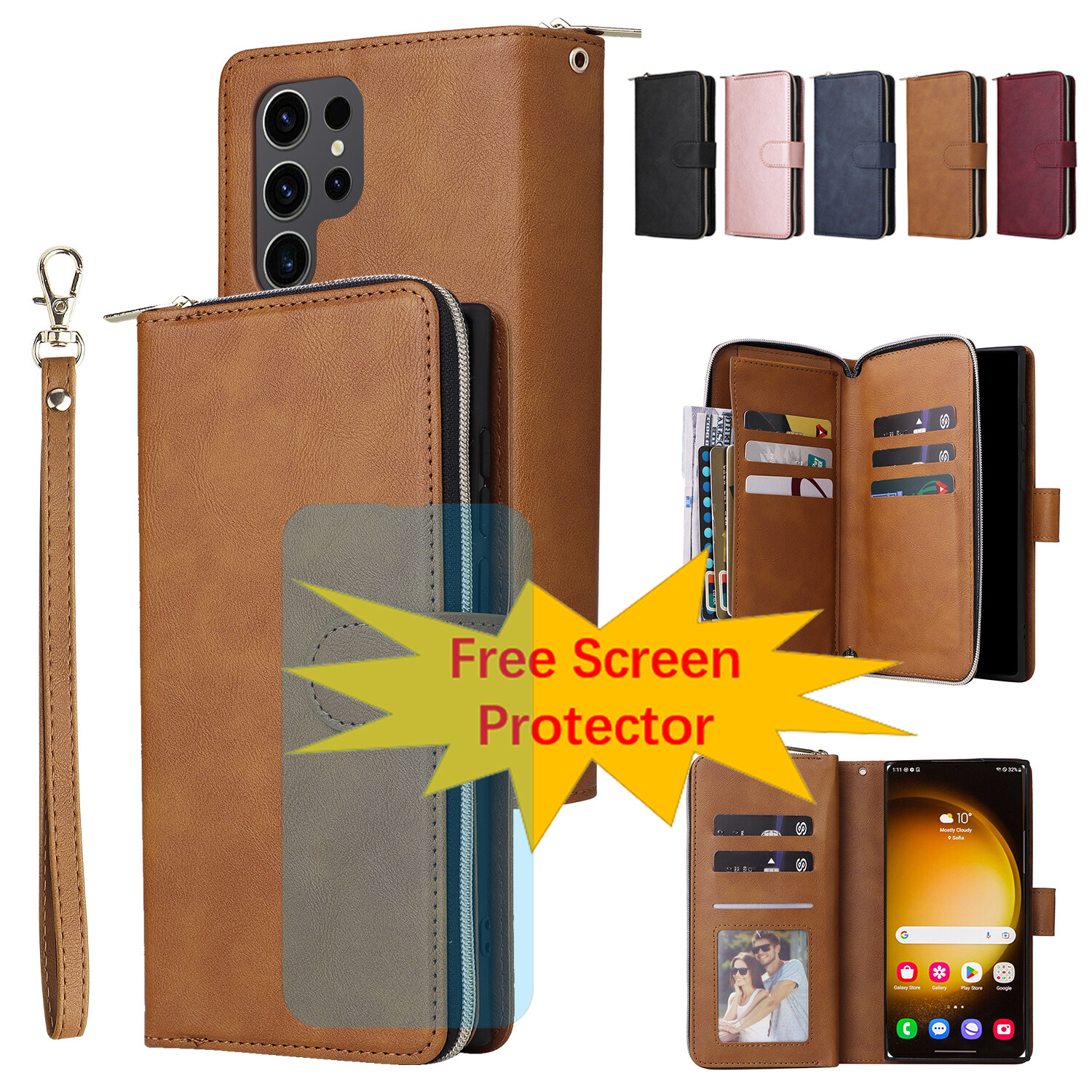 Slim Card Holder Case for Samsung S24 S23 S22 S21 Ultra FE w/ Screen Protector-image