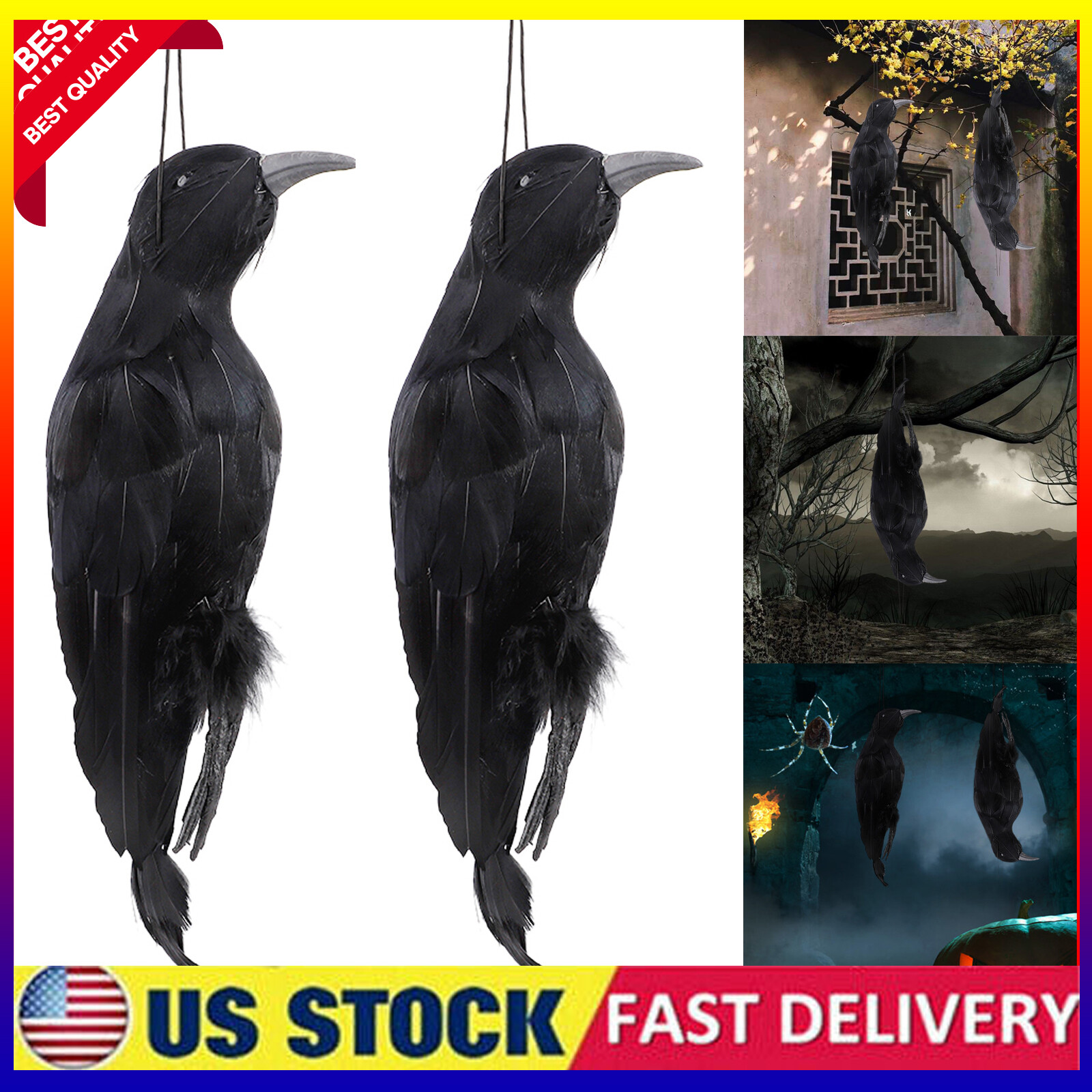 Realistic Hanging Dead Crow Decoy Lifesize 32CM Large Black Crow