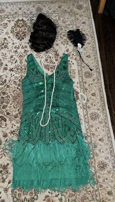 slim fit dress slacks 1920s Rare Green Bead Art Deco Velvet Dress Xs main image 1