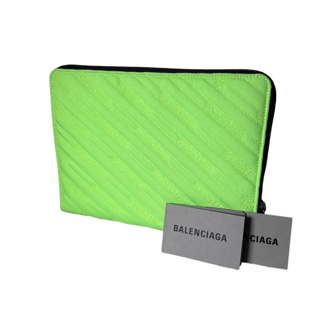 Balenciaga Black/Neon Green Leather Papier Zip Compact Wallet Balenciaga