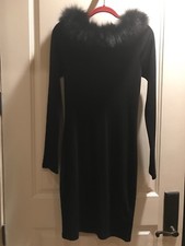 Alice + Olivia Alesia Black Real Fox Fur Collar Sweater Dress Wool Size L NWOT